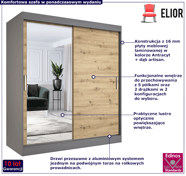 Szafa przesuwna z lustrem antracyt + dąb artisan Seko 5X