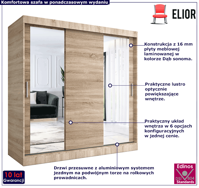 Szafa przesuwna z lustrem dąb sonoma Seko 6X