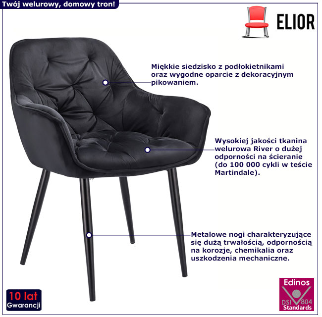 Czarne welurowe krzesło z podłokietnikami Odine