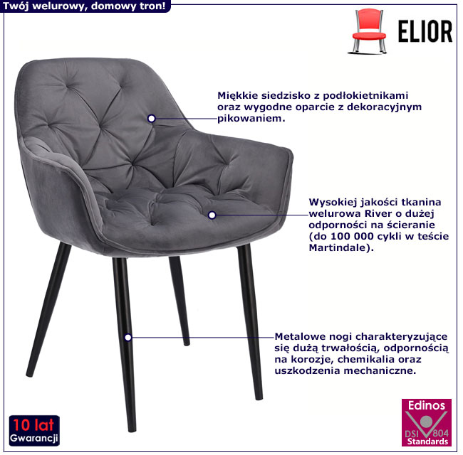 Szare welurowe krzesło z podłokietnikami Odine