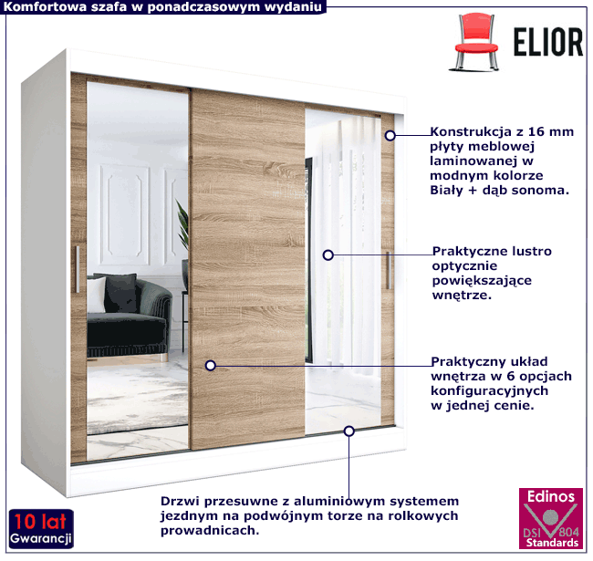 Szafa przesuwna z lustrem biały + dąb sonoma Seko 6X