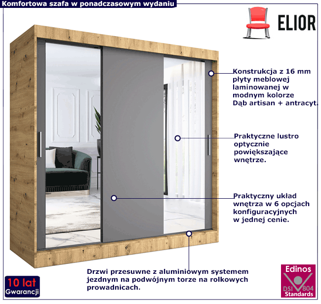 Szafa przesuwna z lustrem dąb artisan + antracyt Seko 6X