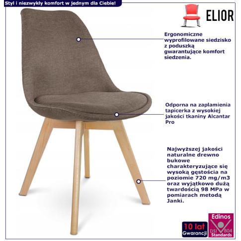 Infografika brązowego krzesła tapicerowanego skandynawskiego Umos