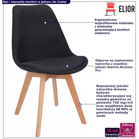 Infografika czarnego krzesła tapicerowanego skandynawskiego Umos
