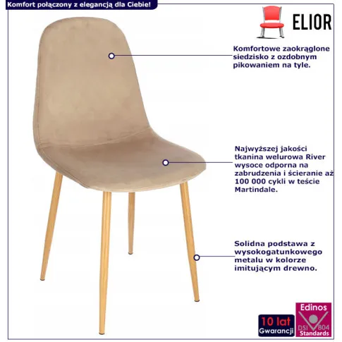 Infografika beżowego krzesła welurowego z pikowanym tyłem Liam