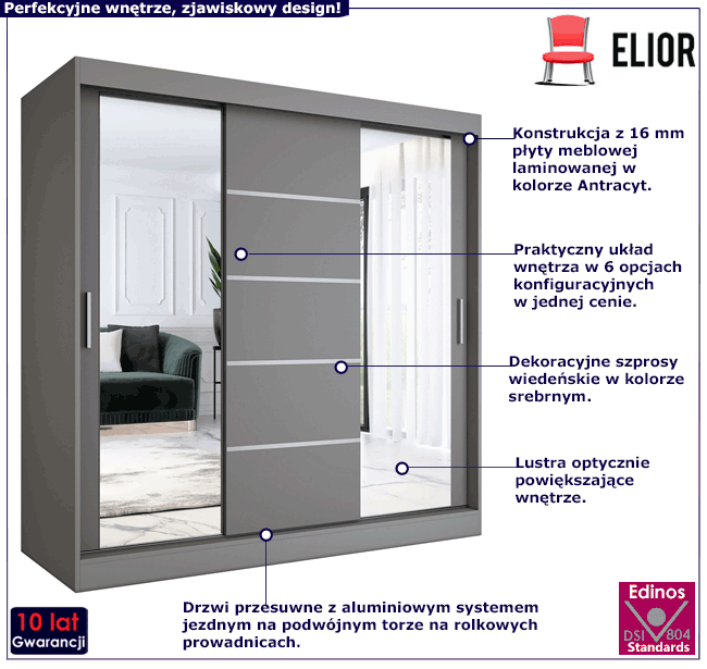 Szafa przesuwna antracyt 200 cm Ebia 6X
