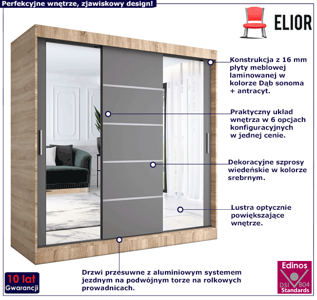 Szafa przesuwna dąb sonoma + antracyt 200 cm Ebia 6X