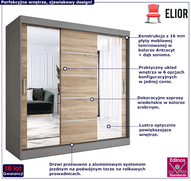Szafa przesuwna antracyt + dąb sonoma 200 cm Felix 6X