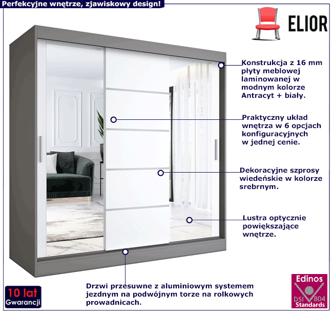 Szafa przesuwna antracyt + biały 200 cm Ebia 6X