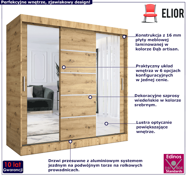 Szafa przesuwna dąb artisan 200 cm Ebia 6X