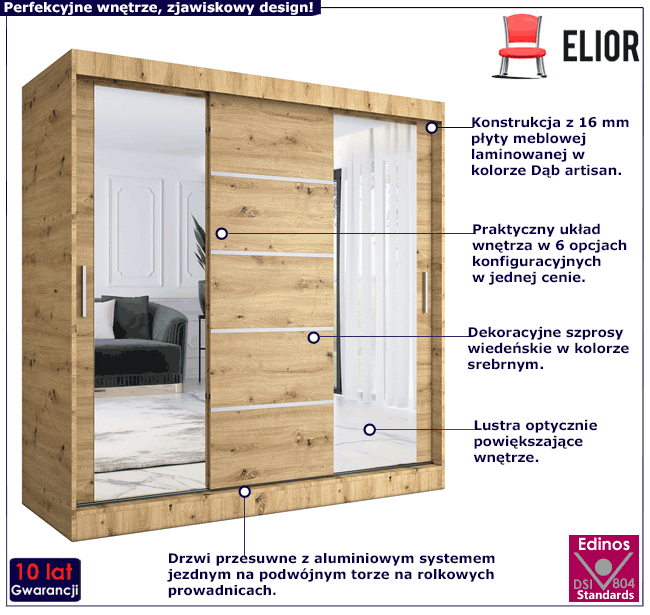 Szafa przesuwna dąb artisan 200 cm Felix 6X