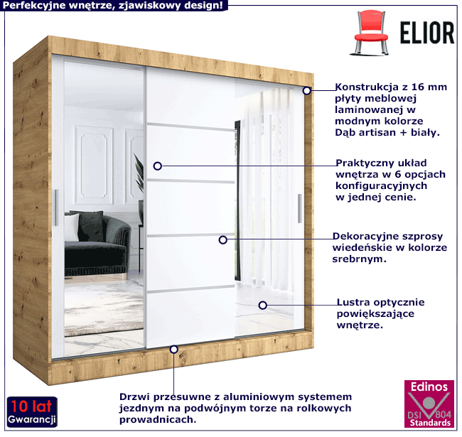 Szafa przesuwna dąb artisan + biały 200 cm Ebia 6X