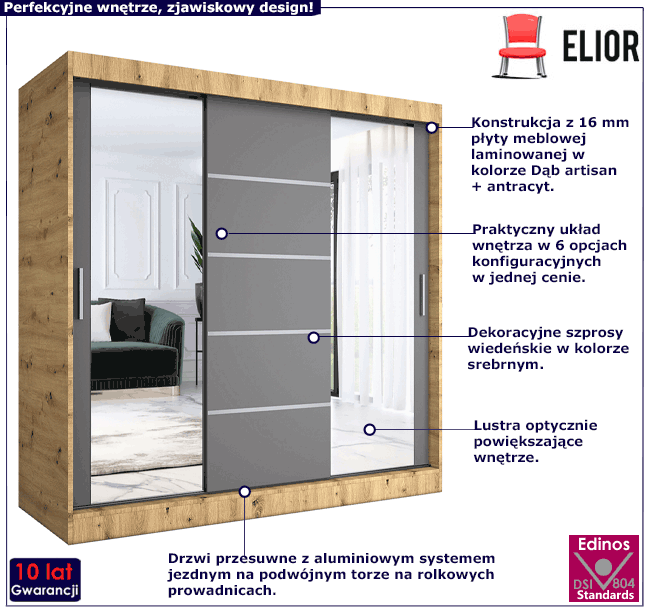 Szafa przesuwna dąb artisan + antracyt 200 cm Ebia 6X