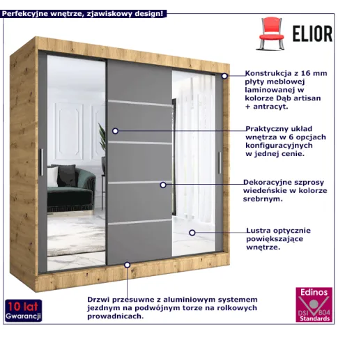 Przesuwna szafa dąb artisan antracyt Felix 6X