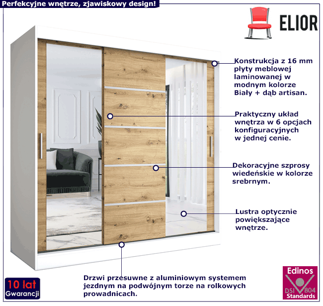 Szafa przesuwna biały + dąb artisan 200 cm Ebia 6X