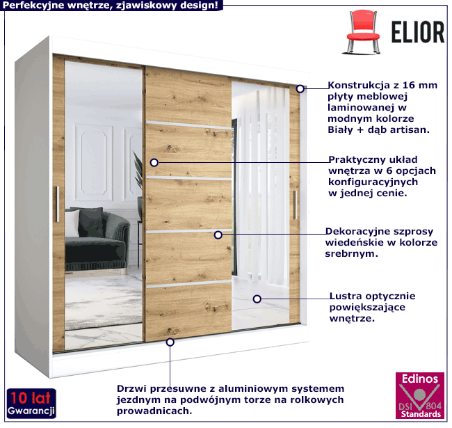 Szafa przesuwna biały + dąb artisan 200 cm Felix 6X