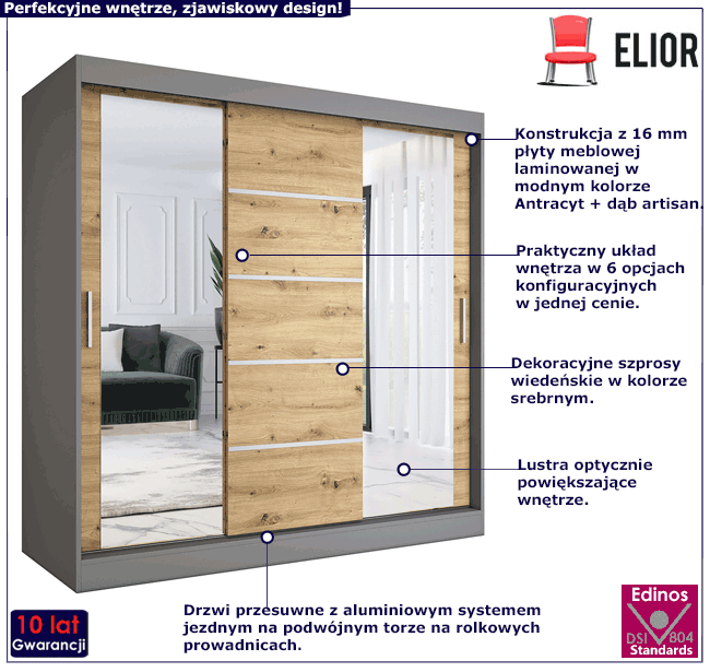 Szafa przesuwna antracyt + dąb artisan 200 cm Ebia 6X