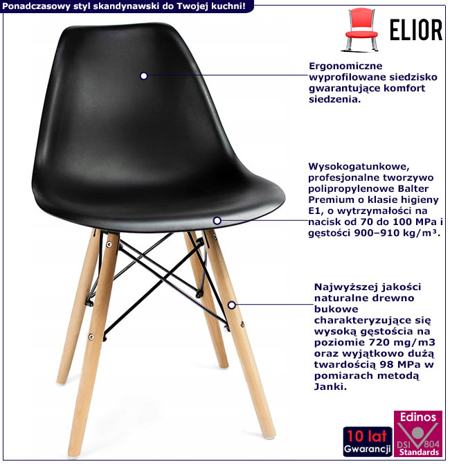 Infografika czarnego skandynawskiego krzesła Huso 3X