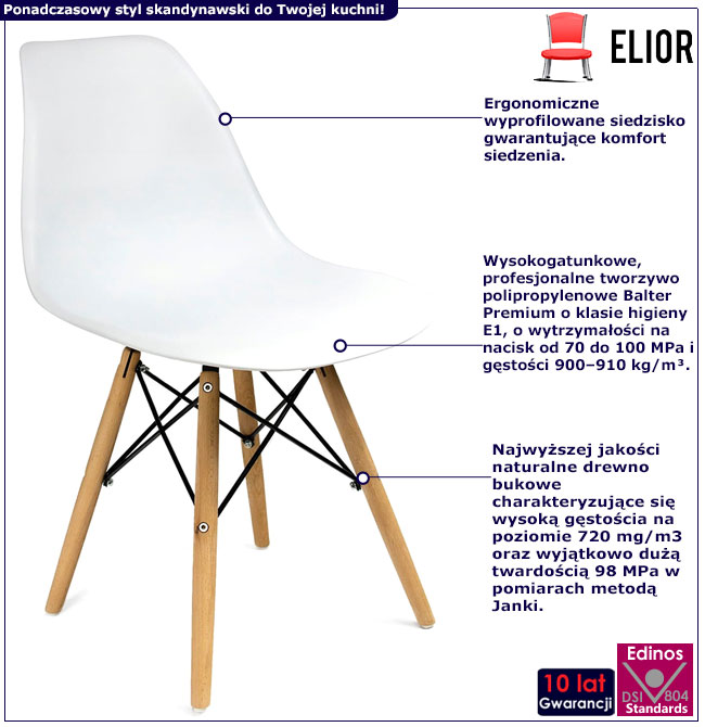 Infografika białego skandynawskiego krzesła Huso 3X