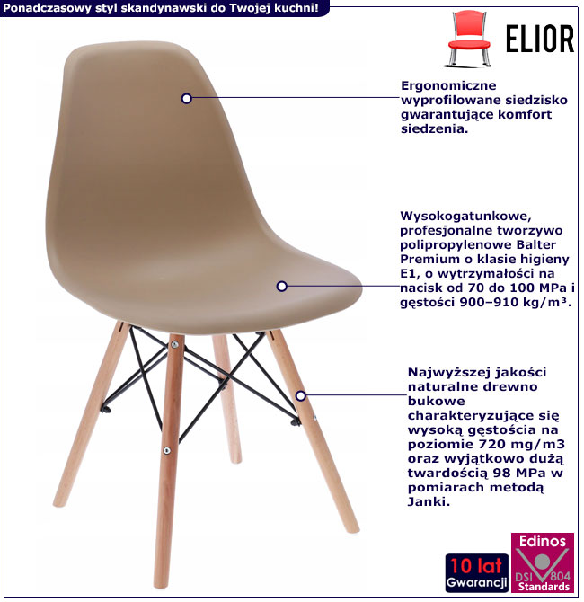 Infografika beżowego skandynawskiego krzesła Huso 3X