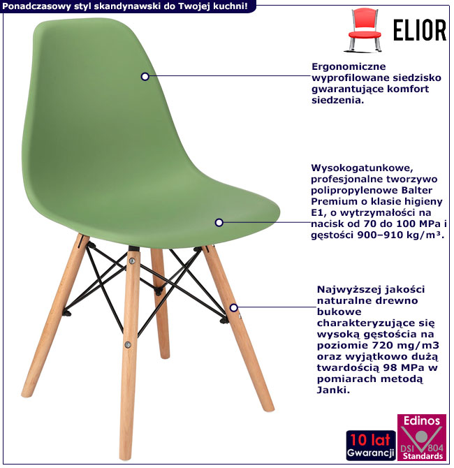 Infografika zielonego skandynawskiego krzesła Huso 3X
