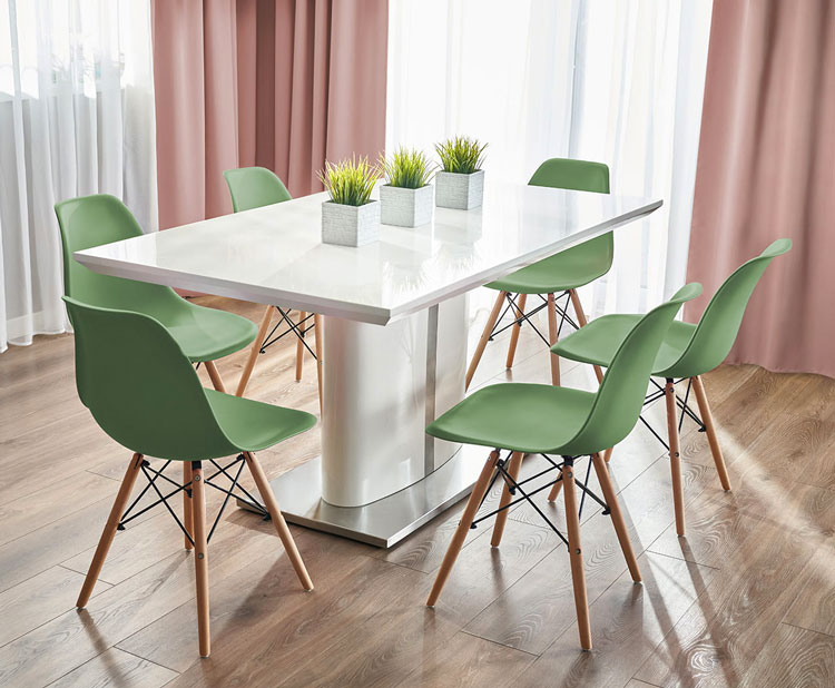 Skandynawskie zielone krzesło Huso 3X w nowoczesnej jadalni