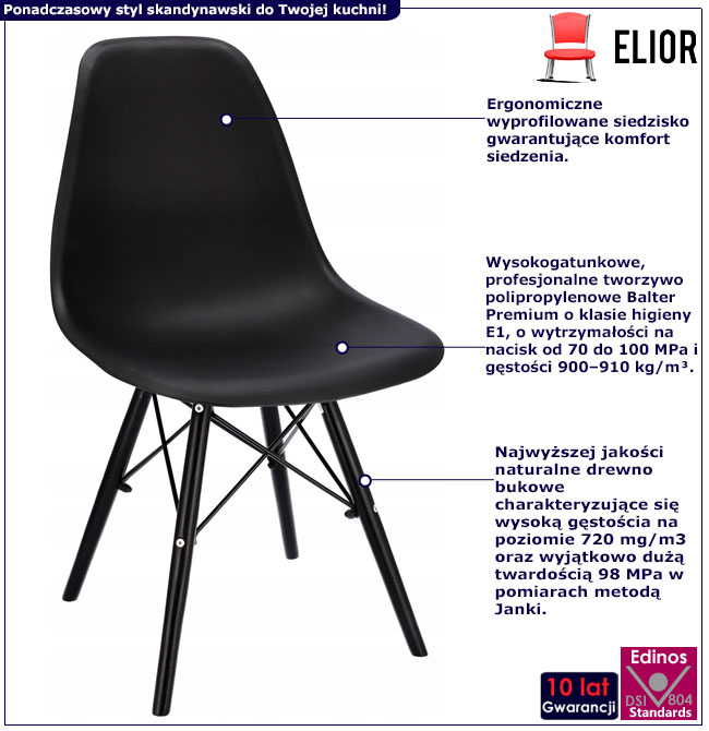 Infografika czarnego krzesła w stylu skandynawskim Huso 4X