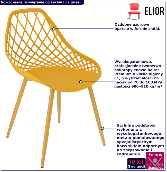 Infografika musztardowego krzesła ażurowego Kifo 3X