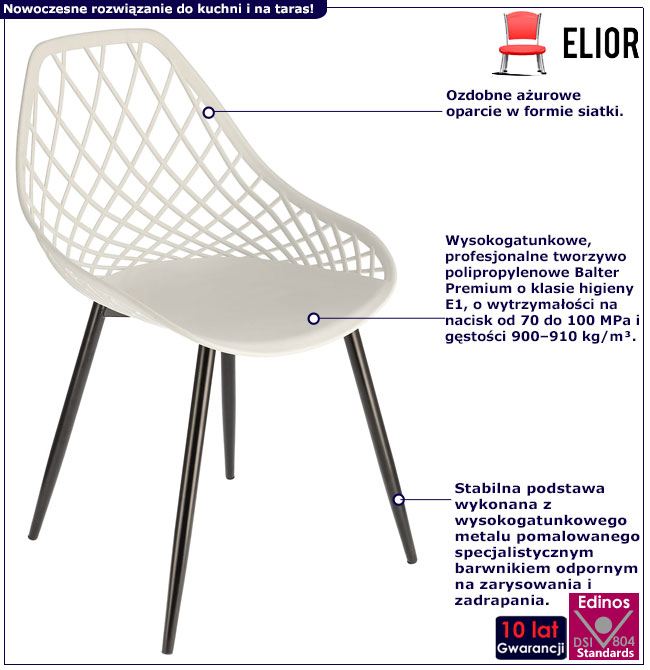 Infografika białego ażurowego krzesła z czarnymi nogami Blake 4X