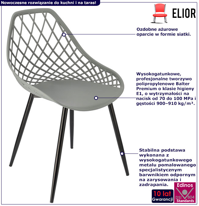 Infografika szarego ażurowego krzesła z czarnymi nogami Kifo 4X