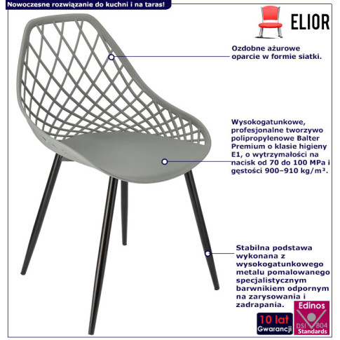 Infografika szarego krzesła z ażurowym oparciem Kifo 4X
