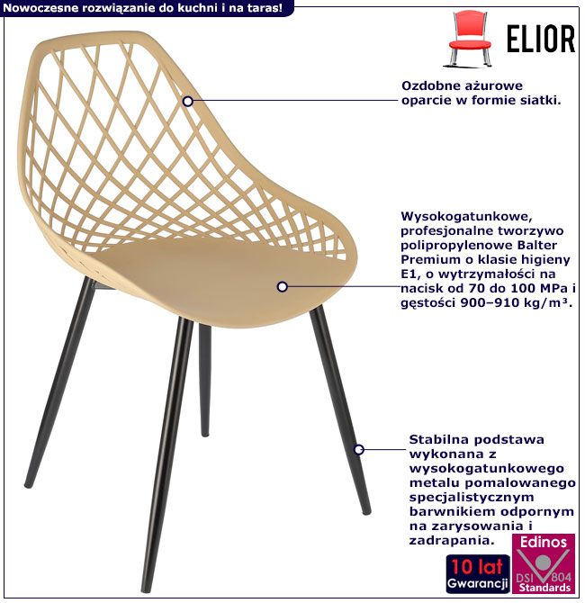 Infografika beżowego ażurowego krzesła z czarnymi nogami Kifo 4X