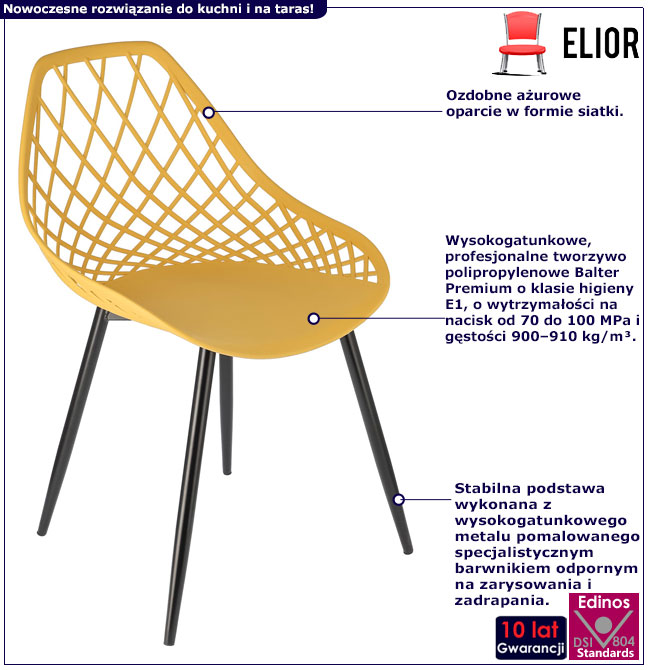 Infografika musztardowego ażurowego krzesła z czarnymi nogami Kifo 4X
