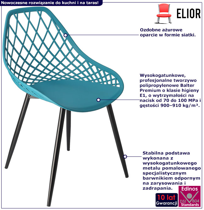 Infografika niebieskiego ażurowego krzesła z czarnymi nogami marine Kifo 4X