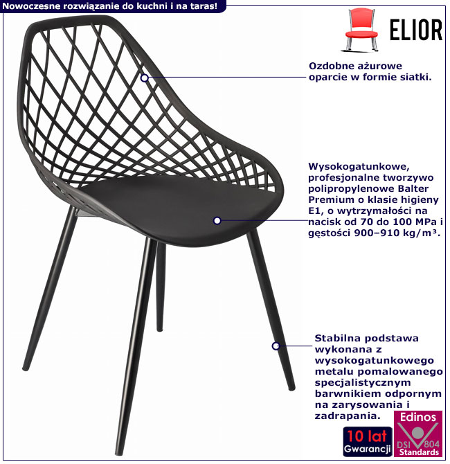 Infografika czarnego ażurowego metalowego krzesła Kifo 5X