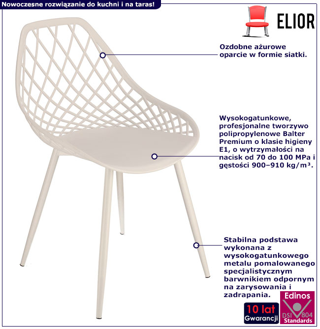 Infografika białego ażurowego metalowego krzesła Kifo 5X
