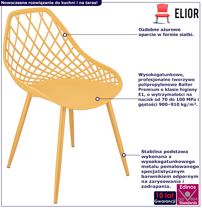 Infografika musztardowego ażurowego metalowego krzesła Kifo 5X