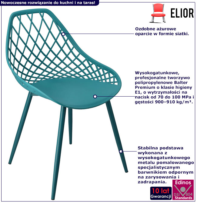 Infografika ażurowego metalowego krzesła morski niebieski Kifo 5X