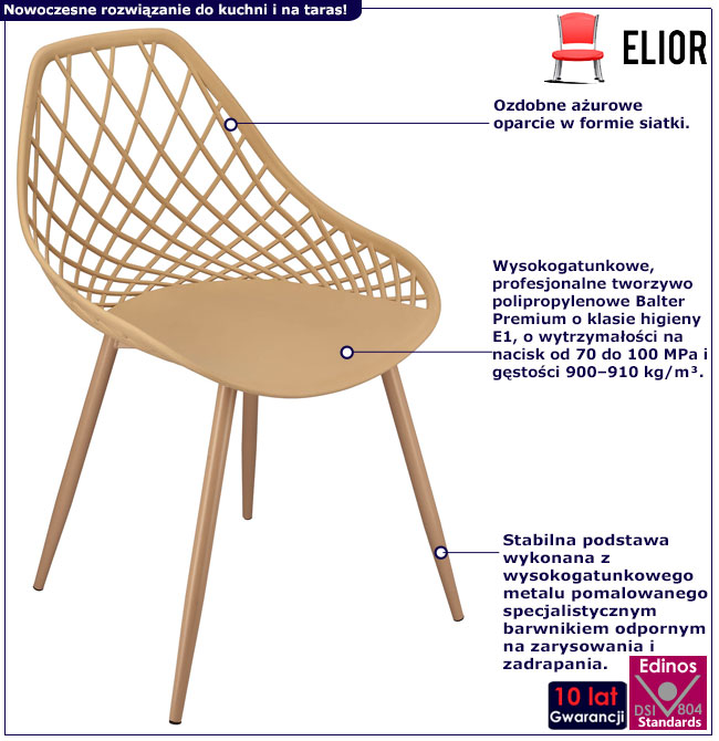 Infografika beżowego ażurowego metalowego krzesła Kifo 5X