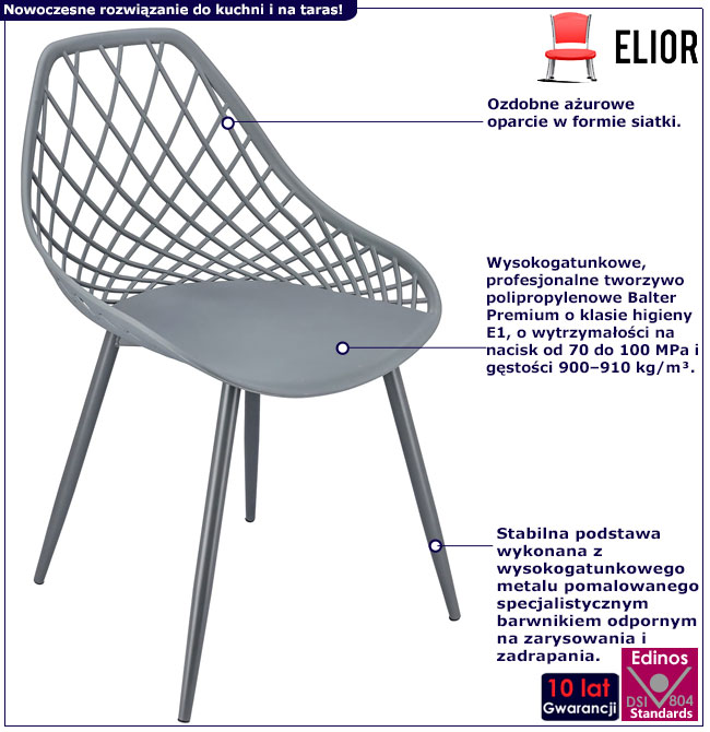 Infografika szarego ażurowego metalowego krzesła Kifo 5X