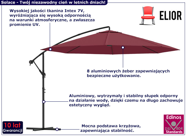 Bordowy wiszący parasol ogrodowy Solace