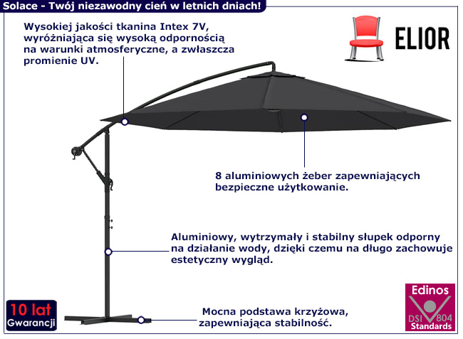 Czarny wiszący parasol ogrodowy Solace