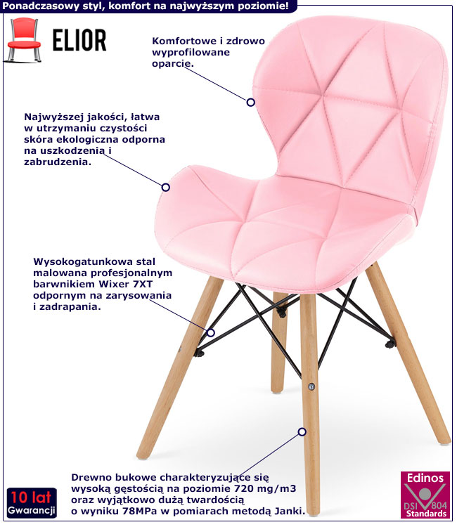 Infografika różowego krzesła pikowanego do salonu Zeno 3X