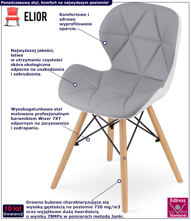 Infografika szaro-białego krzesła pikowanego do salonu Zeno 3X