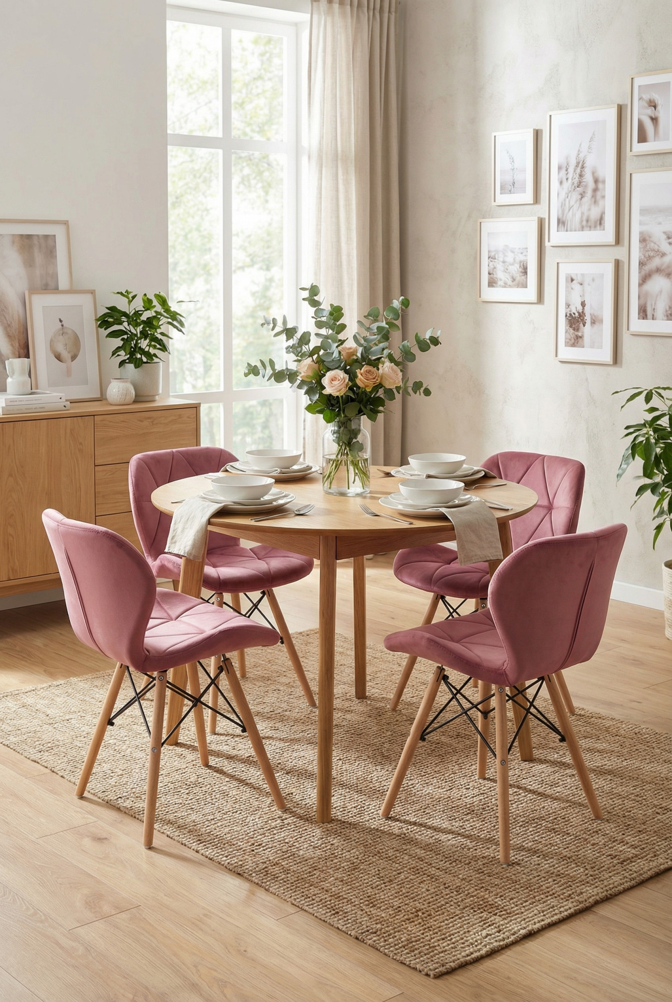 Aranżacja jadalni z krzesłami ciemny róż - Inez 4X