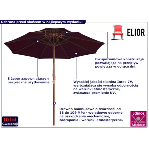 Parasol do ogrodu z drewnianym słupkiem Serenity kolor bordowy