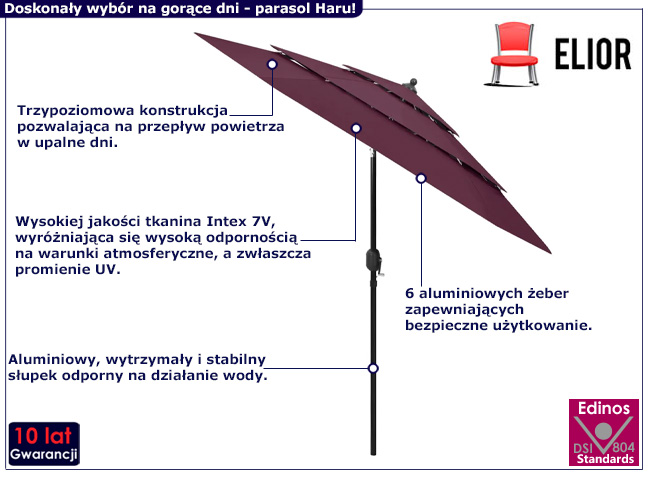 Trzypoziomowy parasol ogrodowy Renzo w kolorze bordowym