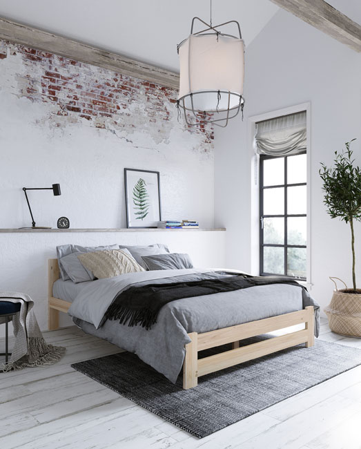 Sypialnia skandynawska z wykorzystaniem sosnowego łóżka Zinos 3X