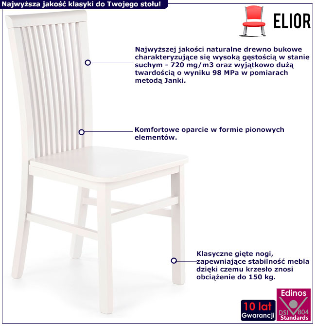 Infografika białego drewnianego krzesła kuchennego Mako 3X