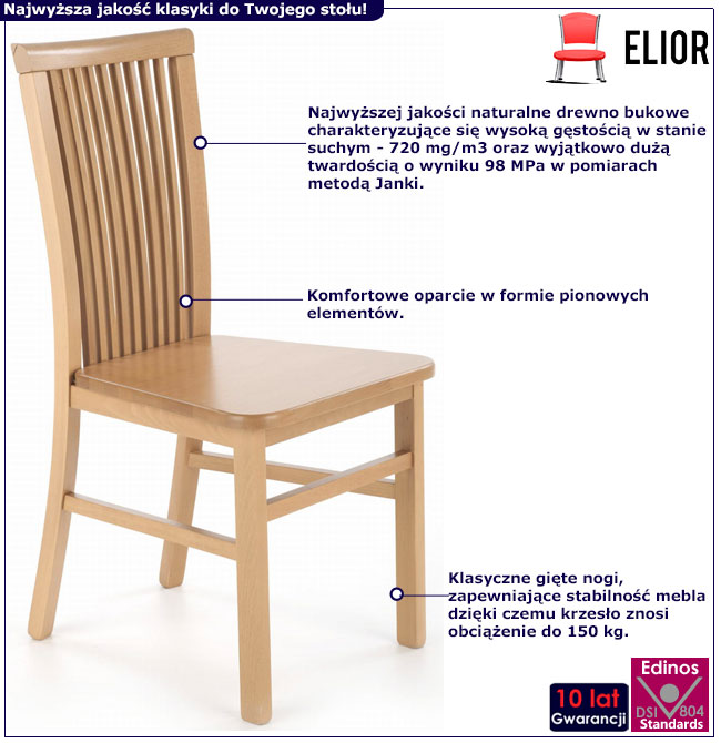 Infografika drewnianego krzesła kuchennego w kolorze dąb artisan Mako 3X